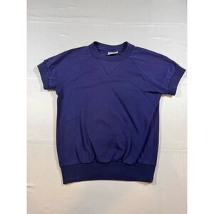 Vintage 70s 80s Aileen Short Sleeve Sweatshirt Top Blue V-Stitch Small Cropped
